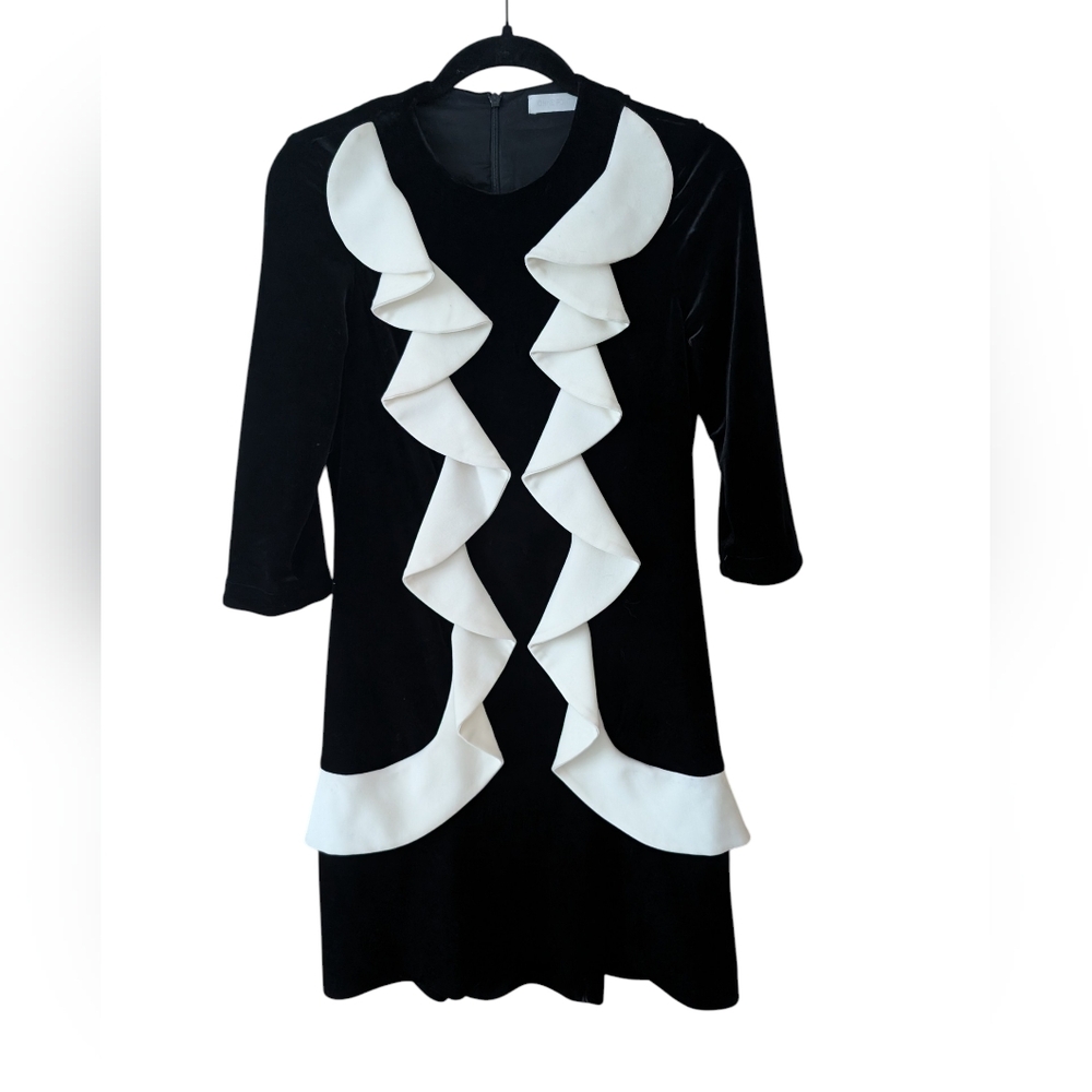 Anne Fontaine Black Velvet White Ruffle Solange Cocktail Dress Size 38 (6) - Picture 2 of 13